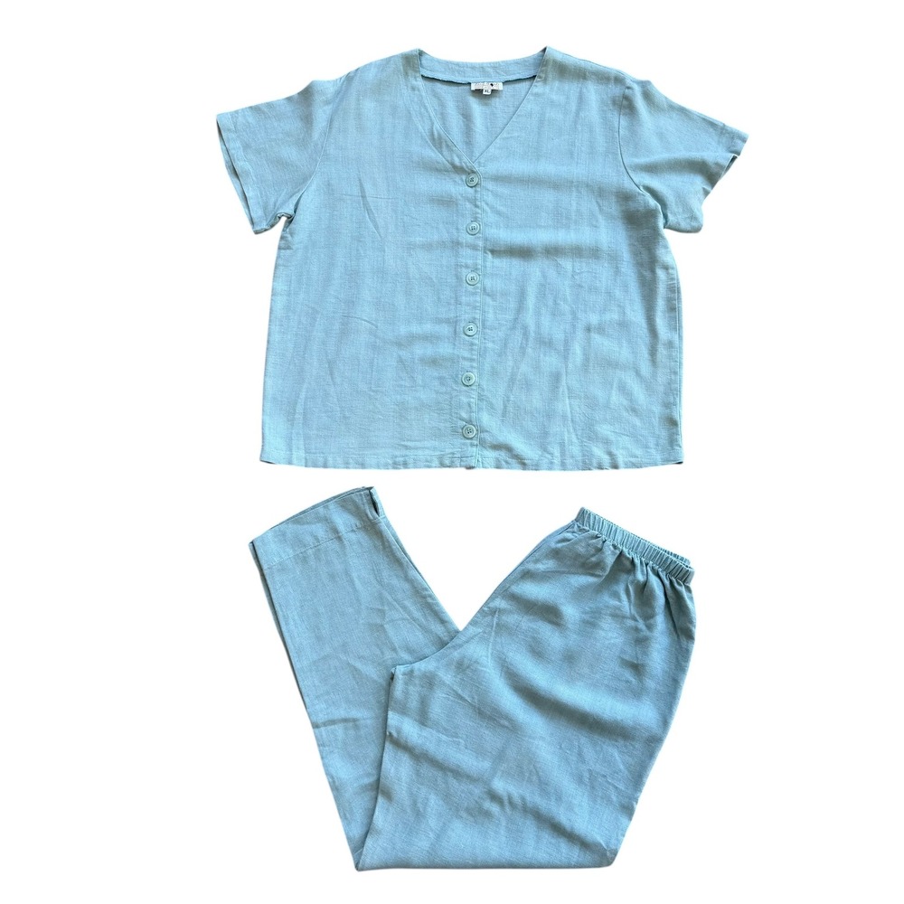 Basic Threads Santa Monica Linen Blend Set XL Blue Button Top Elastic Pants USA